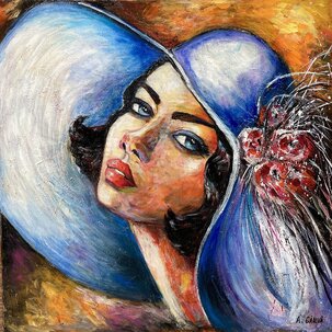Andrea Gáková, olejomaľba Dáma v modrom klobúku, 480€, 100x100 cm, nezarámovaný
