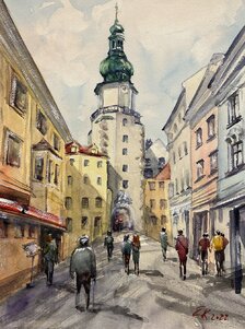 Ester Ksenzsigh, Akvarel Michalská veža v lete, 29x21 cm