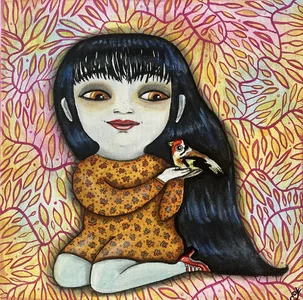 Alžbeta Čáková, Stehlík + dievča, maľba akrylom, 40x40 cm