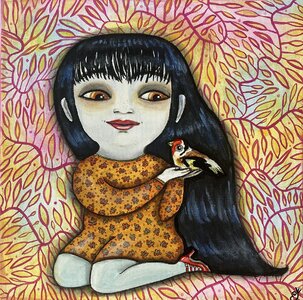 Alžbeta Čáková, Stehlík + dievča, maľba akrylom, 40x40 cm