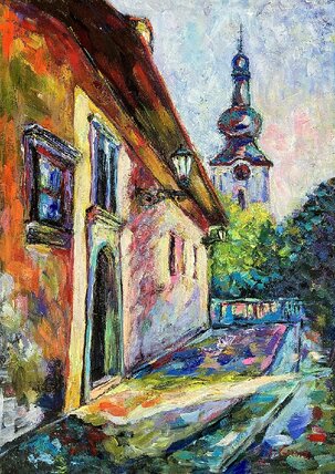 Andrea Gáková, Banská Štiavnica, olejomaľba na plátne 70x50 cm, nezarámované, 350 €