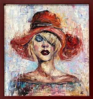 Andrea Gáková, olejomaľba Dáma v červenom klobúku, 350 €, 54x50 cm, zarámované 57x54 cm