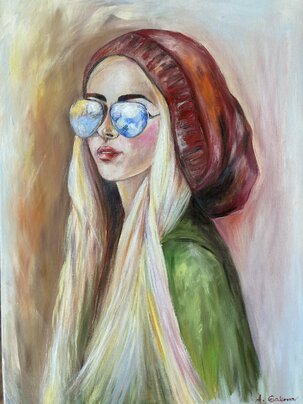 Andrea Gáková, olejomaľba, Dievča s okuliarmi, 70x50cm, 255€