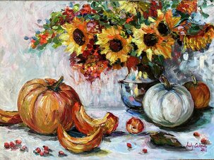 Andrea Gáková, Slnečnice - zátišie, olejomaľba na plátne 50x70 cm, 350 €