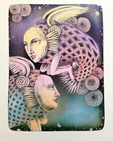 Andrej Augustín, Zamilované ryby, grafický list 48x37 cm