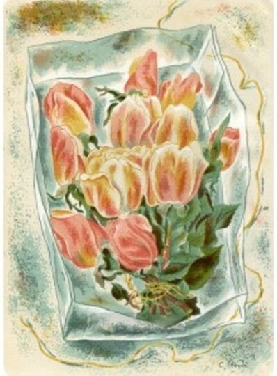 Cyril Bouda, Rúže, kolorovaná litografia v pôvodnom ráme, rok vzniku 1948, rozmer 24x17cm plus pasparta a rám, cena 220 €