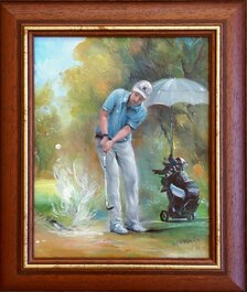Dušan Stieranka, Golfista, olejomaľba 30x25 cm, zarámované 40x34 cm, 225 €