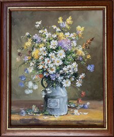 Dušan Stieranka, Jarná kytica “M“, Olejomaľba na plátne 49x39 cm, zarámované 59x49 cm, 560 €