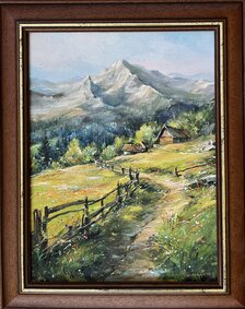 Dušan Stieranka, Krajina pod horou “Na stráni“, Olejomaľba na plátne 39x29 cm, zarámované 50x40 cm, 420 €