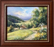 Dušan Stieranka, Poľná cesta a domček, olejomaľba 25x35 cm, zarámované 35x45 cm, 225 €