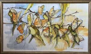 Elena Ruta, Bezpečie monarchov - motýle, maľba na hodvábe 52x91 cm, zarámované 60x99 cm, 930 €