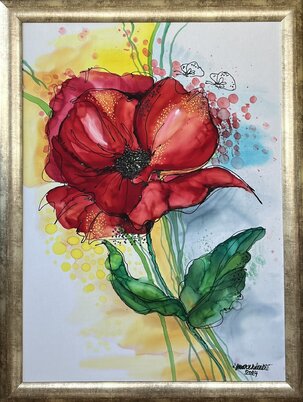 Elena Ruta, Červený mak, maľba na hodvábe 92x66 cm, zarámované 108x78 cm