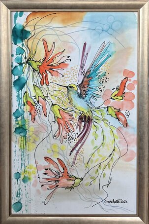 Elena Ruta, Kolibrík I., maľba na hodvábe 80x50 cm, zarámované 88x58 cm, 650 €
