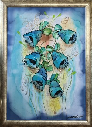 Elena Ruta, Modré zvončeky, maľba na hodvábe 92x63 cm, zarámované 104x75 cm, 730 €