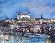 Ester Ksenzsigh, Akvarel Bratislavský hrad v noci, 110 €, 28x36 cm