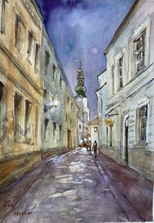 Ester Ksenzsigh, Akvarel Michalská veža v daždi, 29x21 cm
