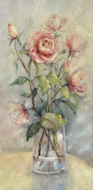 Ester Ksenzsigh, Decembrové ruže I., olejomaľba na plátne 40x20 cm