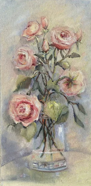 Ester Ksenzsigh, Decembrové ruže II., olejomaľba na plátne 40x20 cm