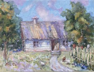 Ester Ksenzsigh, Drevenica, Olejomaľba na plátne nezarámovaný 30x40cm,