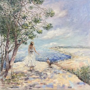 Ester Ksenzsigh, Vyhliadka pri mori, akryl na plátne 70x70 cm