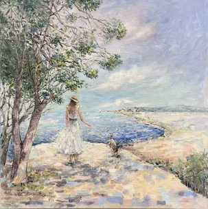 Ester Ksenzsigh, Vyhliadka pri mori, akryl na plátne 70x70 cm