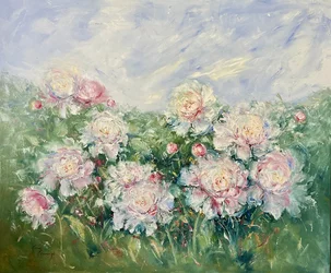 Ester Ksenzsigh, Záhon pivónií, akryl na plátne 100 x 100 cm, nezarámované