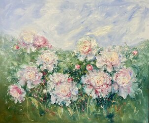 Ester Ksenzsigh, Záhon pivónií, akryl na plátne 100 x 100 cm, nezarámované