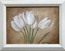 Eva Lauková, Biele tulipány, olejomaľba na dreve, 20x28 cm, predané
