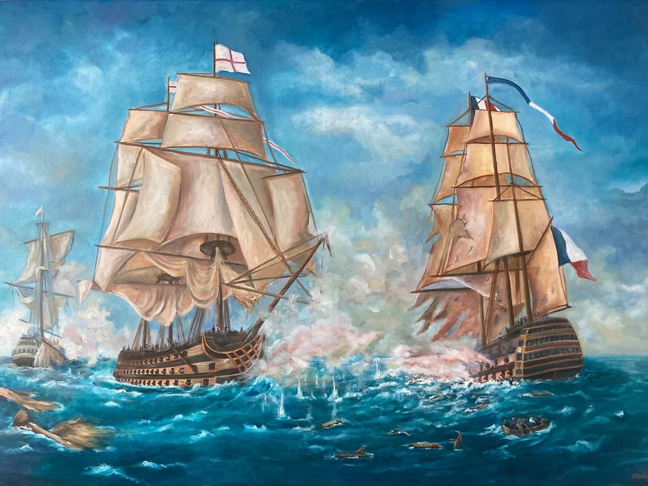 Eva Lauková, Bitka pri Trafalgale, olej na plátne 110 x 160cm, cena 1400€. Eva Lauková, Bitka pri Trafalgale, olej na plátne 110 x 160cm, cena 1400€.