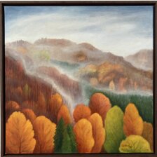 Eva Lauková, Hmla nad Lukavskou baňou I., Olejomaľba na plátne 60x60 cm, zarámované 64x64 cm, 360 €