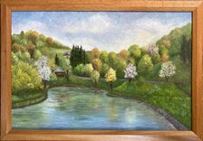 Eva Lauková, Jazero pri kopanociach, olejomaľba 40x60 cm, zarámované 46x66 cm., 210 €
