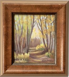 Eva Lauková, Lesný chodník, olejomaľba 14x12 cm, zarámované 20,5x23 cm, 50 €