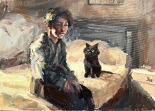 Gabriel Kurák, Chlapec s kocúrom, Olejomaľba na plátne 50x70 cm, 490 €