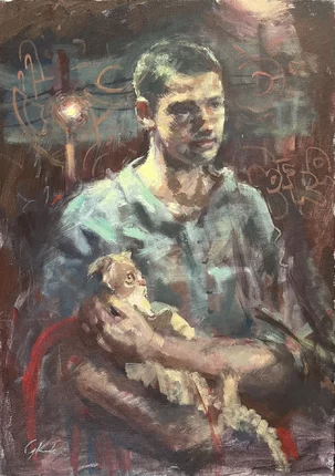 Gabriel Kurák Mládenec s malým psíkom, olejomaľba na plátne 50x70 cm, 490 €