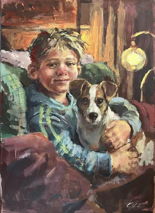 Gabriel Kurák Mládenec so psíkom, olejomaľba na plátne 50x70 cm, 490 €
