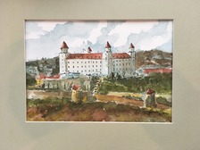 Görcsös Peter, Akvarel, Pohľad na Bratislavský hrad, 56 €, 14x20 cm, nezarámované, v pasparte
