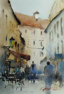 Görcsös Peter, Akvarel, Staré mesto - Bratislava, 23x16,5 cm, zarámované 34x28 cm, 84 €