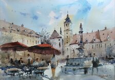 Görcsös Peter, Námestie v Bratislave, Akvarel 12/22, 34x49 cm, zarámované 54x64 cm, 350 €