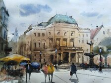 Görcsös Peter, Pred SND, Bratislava, Akvarel 10/22, 29x39 cm, zarámované 44x54 cm, 280 €