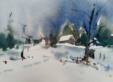 Görcsös Peter, Slovenská dedinka v zime, Orava, Akvarel 8/22, 19x29 cm
