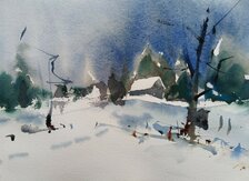 Görcsös Peter, Slovenská dedinka v zime, Orava, Akvarel 8/22, 19x29 cm, zarámované 44x34 cm, 182 €