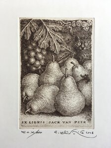 Grafický list, Peter Kľúčik, EX Libris Jack Van Peer, Hrušky, 15x10 cm