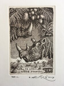 Grafický list, Peter Kľúčik, EX Libris Libor Pospíšil, Nosorožec, 15x10 cm