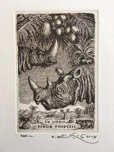 Grafický list, Peter Kľúčik, EX Libris Libor Pospíšil, Nosorožec, 15x10 cm