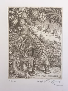 Grafický list, Peter Kľúčik, EXL Ivan Jamrich, Tiger v džungli, 20x15 cm, nezarámované