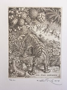 Grafický list, Peter Kľúčik, EXL Ivan Jamrich, Tiger v džungli, 20x15 cm, nezarámované