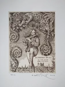 Grafický list, Peter Kľúčik, EXL Ján Štefančík, Jethro Tull koncert 18.1.2019 Bratislava, 20x15 cm