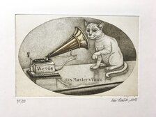 Grafika, Ivan Kováčik, His Master‘s Voice, 10x15 cm, zarámované 20x23 cm, 60 €