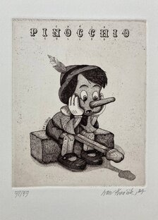 grafikický list, Ivan Kováčik, Pinocchio, 14x10cm, predané