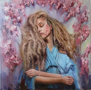 Igor Navrotskyi, Blondínka so sakurami, olejomaľba na plátne 90x90 cm, nezarámované, 250 €